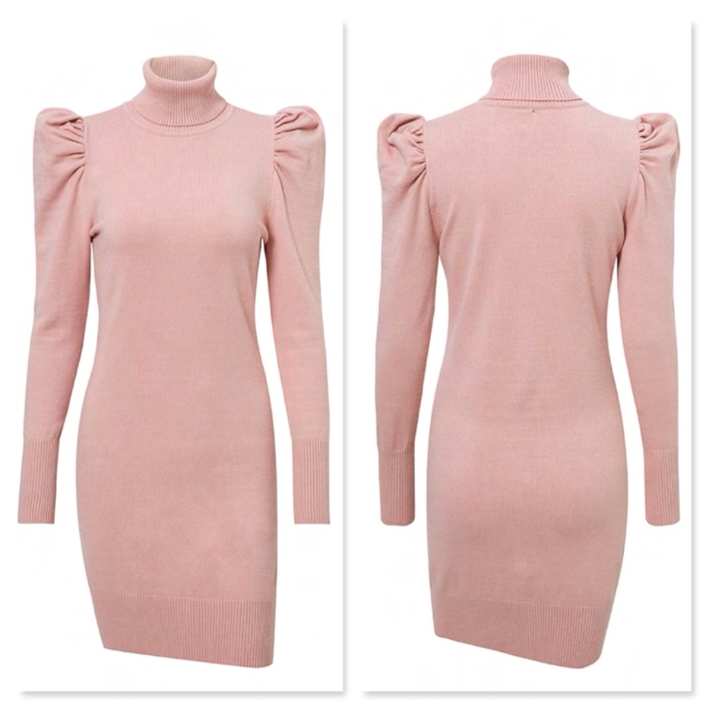 Pastel Pink Puff Sleeve Knit Mini Dress High Neck - Picture 6 of 12
